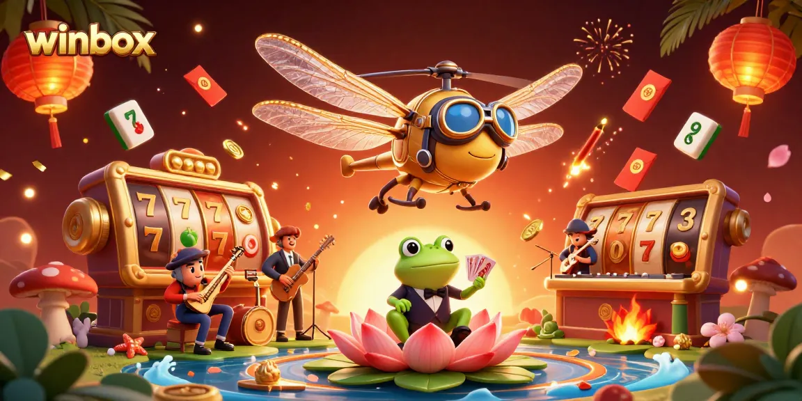 Play exciting games on Winbox with a vibrant scene featuring a dragonfly pilot, frog croupier, and jazz-playing crickets.