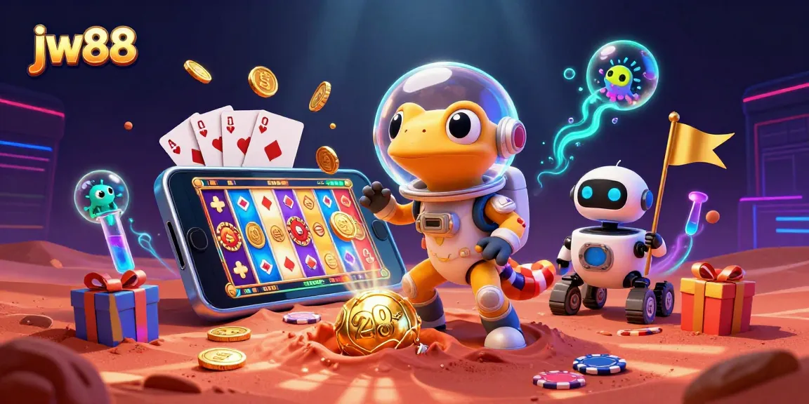 Experience the excitement of jw88 casino with Martian gecko discovering a golden casino amidst vibrant gaming elements.