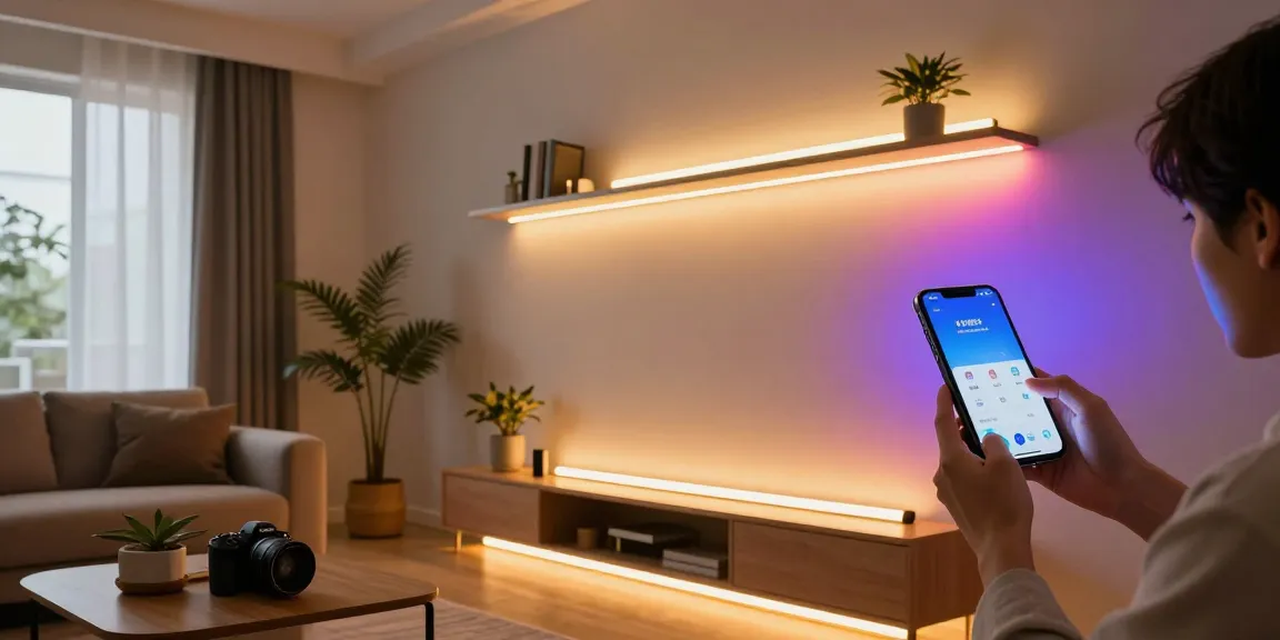 Benzile LED transformând un living modern prin iluminare flexibilă și ambient plăcut.
