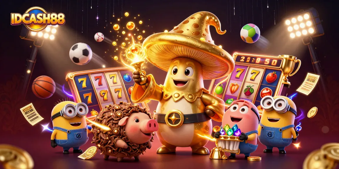 IDCASH88 transforms gaming excitement with vibrant slot reels and dynamic golden characters.