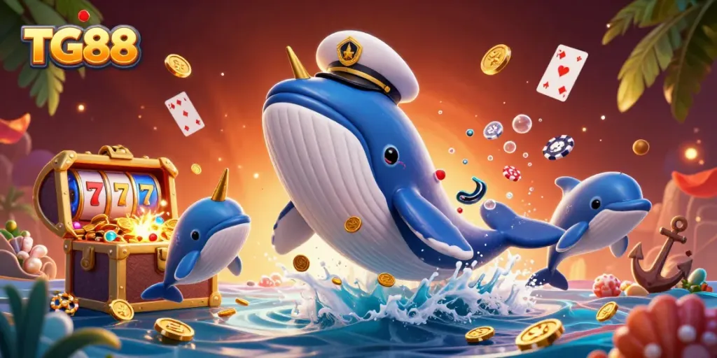 TG88 brings excitement with a giant whale in a casino treasure scene, showcasing vibrant colors and energetic gameplay.