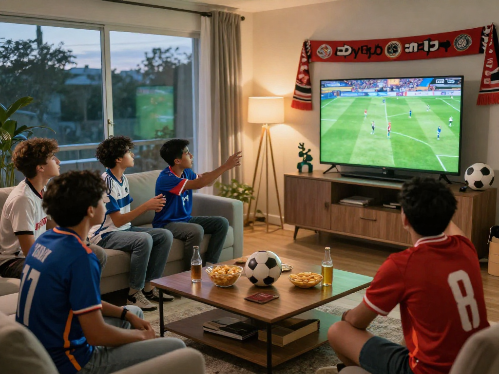 Excited football fans enjoying Koora live streaming in a lively home setting while discussing the game.