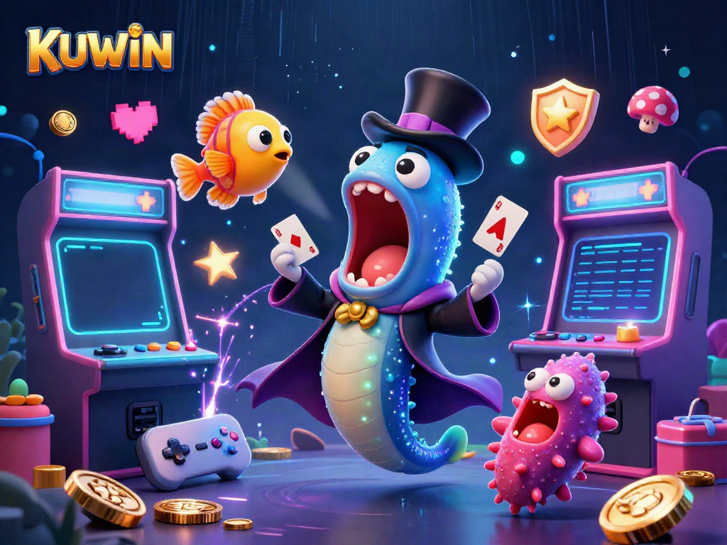 KUWIN's vibrant deep-sea casino scene shows a bioluminescent eel magician, anglerfish spotlight, and arcade machines.
