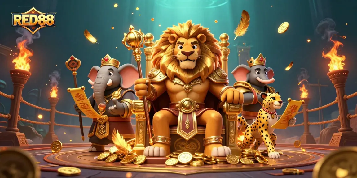 Experience the thrill of gambling at RED88 with a vibrant scene of a lion king and allies.