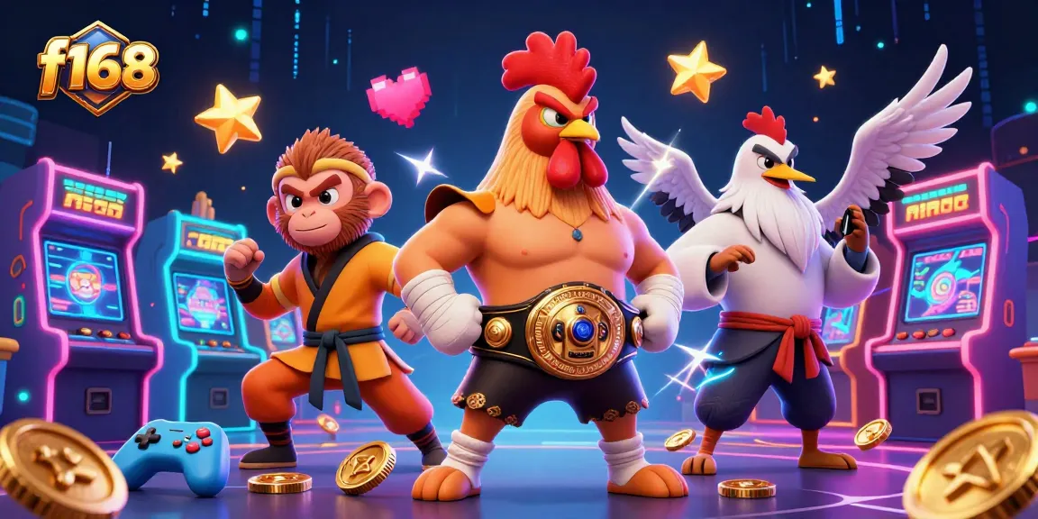 Play thrilling games at f168 casino, featuring dynamic cartoon characters and colorful gaming machines.