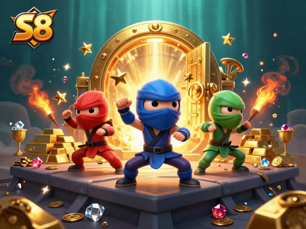S8's vibrant chameleon ninjas bringing excitement and treasures in an online casino world.