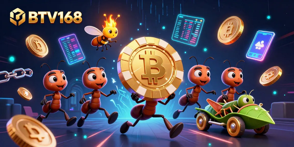 BTV168 engages players with a lively heist scene of ants, crypto elements, and vibrant casino visuals.