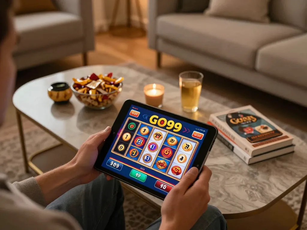 Engaging in Go99 casino gaming on a tablet in a cozy home setting, enjoying the charm of online slots.