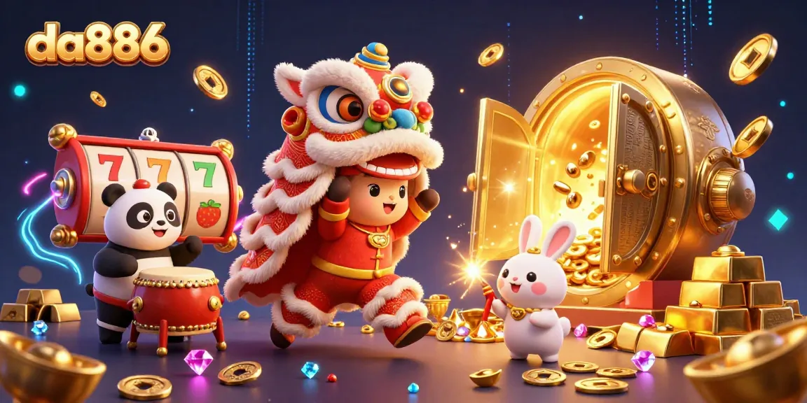 Engage with da886's vibrant casino scene featuring exciting slot games and colorful cartoon characters.