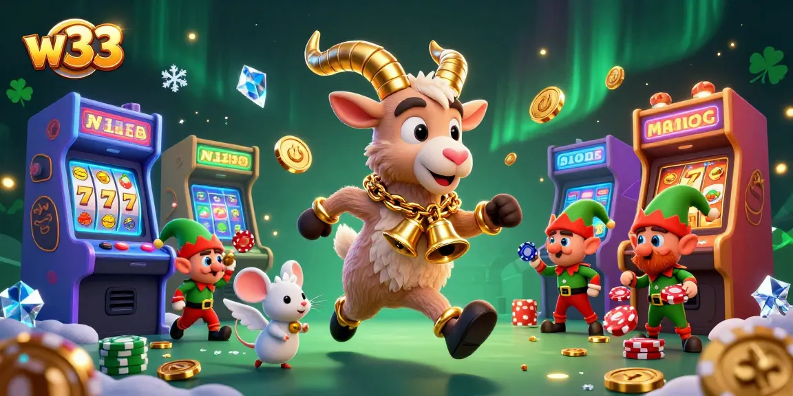 Experience thrilling gaming at w33 casino with festive characters amidst vibrant slot machines.
