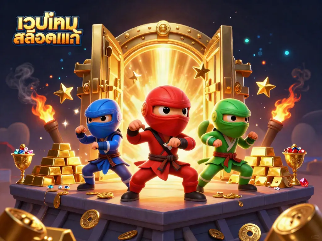 Engage with เว็บเกมสล็อตแท้ through an animated scene of vibrant ninja chameleons and sparkling treasures.