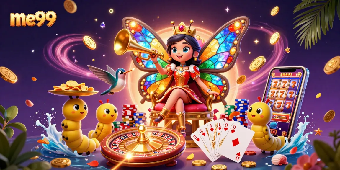 Play premium pokies and winnings soar at me99 in a vibrant casino-themed illustration.