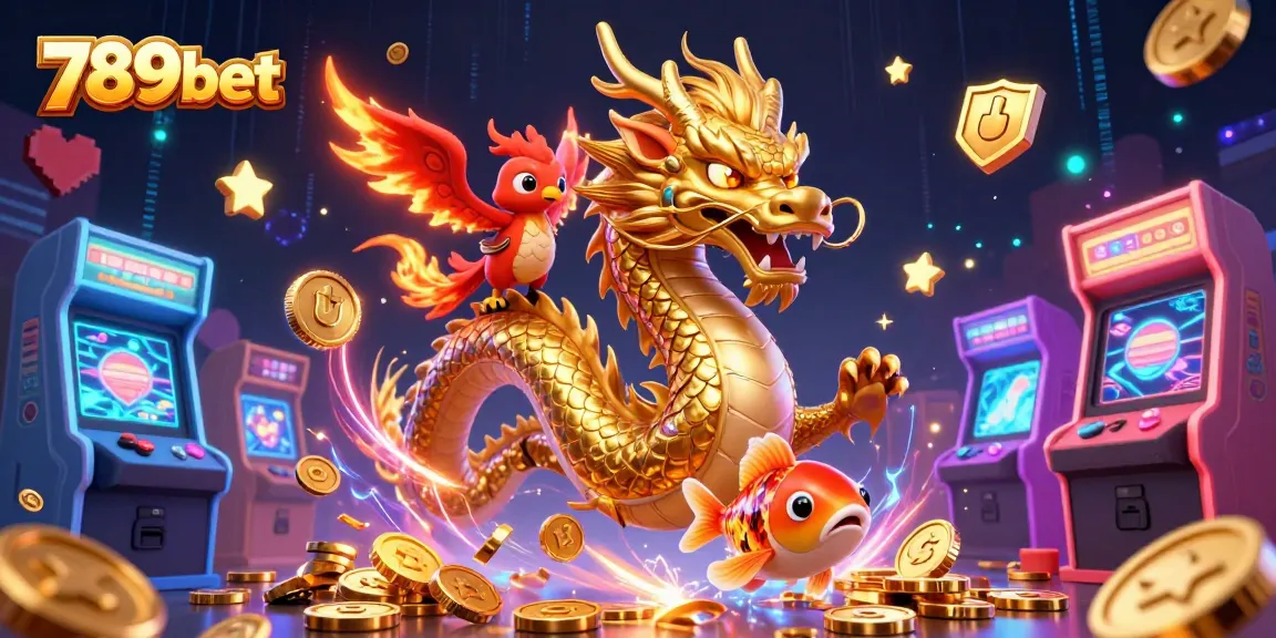 Play thrilling games at 789bet with a vibrant scene of a dragon, phoenix, and koi fish amidst coins.