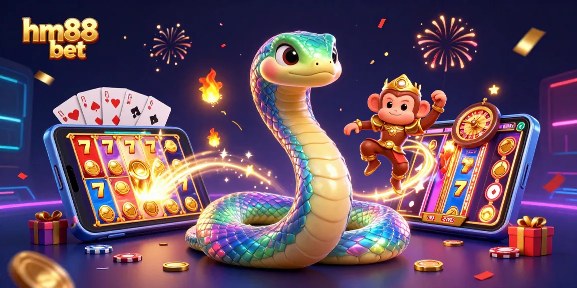Spin to win with hm88 bet in this vibrant 3D casino illustration featuring colorful games and festive elements.