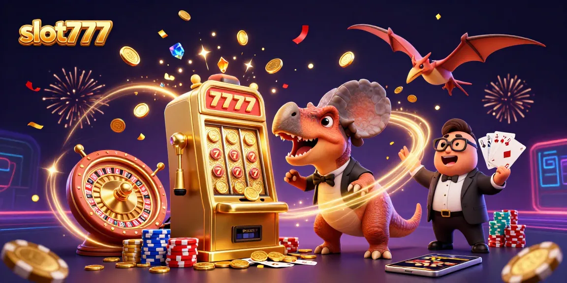 Experience thrilling payouts at slot777 with a dino-themed jackpot celebration in this exciting illustration.