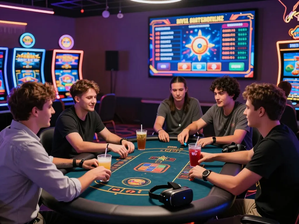 Exciting scene of friends enjoying MM88 online casino games with vibrant atmosphere