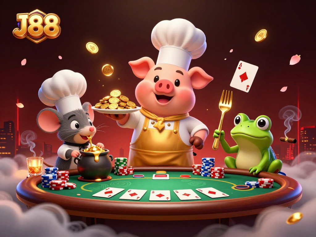Experience J88 with a festive 3D casino scene featuring characters enjoying fortune and fun.