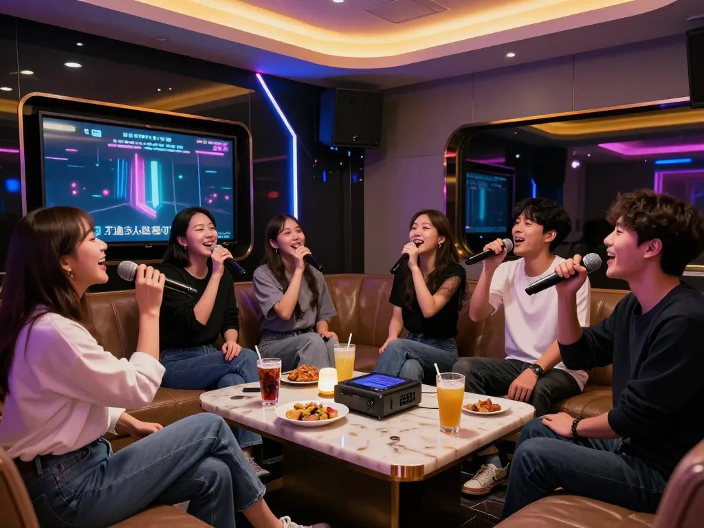 활기찬 조명과 고급스러운 장식이 있는 강남달토에서 친구들이 즐거운 노래방 시간을 보내고 있습니다.
