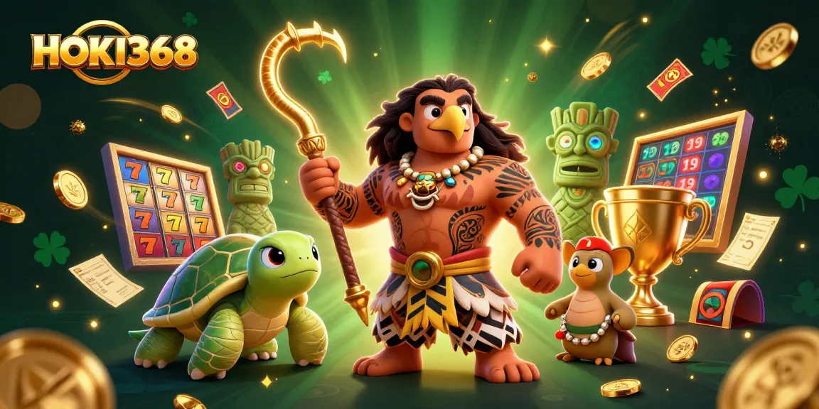 Engage with HOKI368's thrilling slot games experience featuring demigod and turtle characters in a vibrant 3D scene.