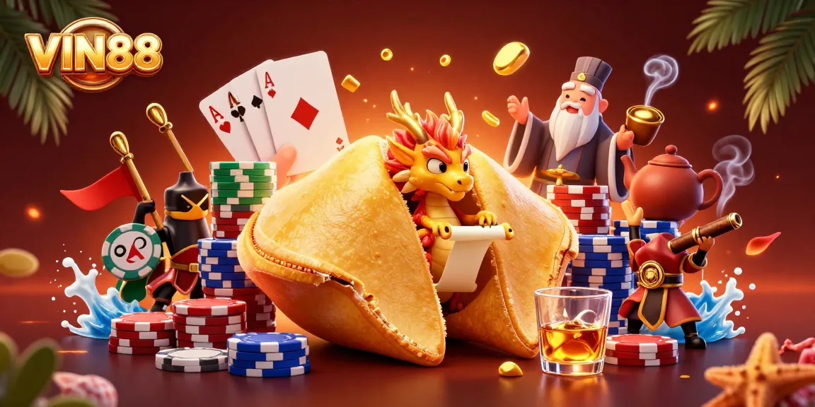 Experience the thrill of VIN88 with a dynamic fortune cookie and poker scene.
