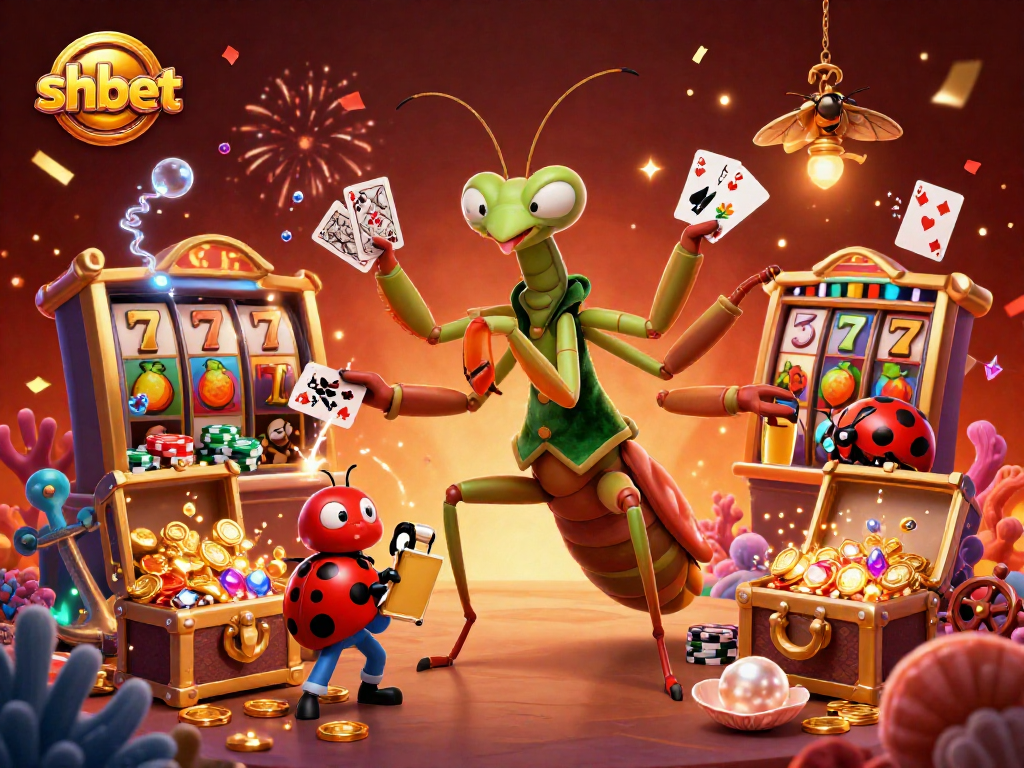 shbet engaging players amidst vibrant 3D casino scene with jackpot slots and celebratory elements.