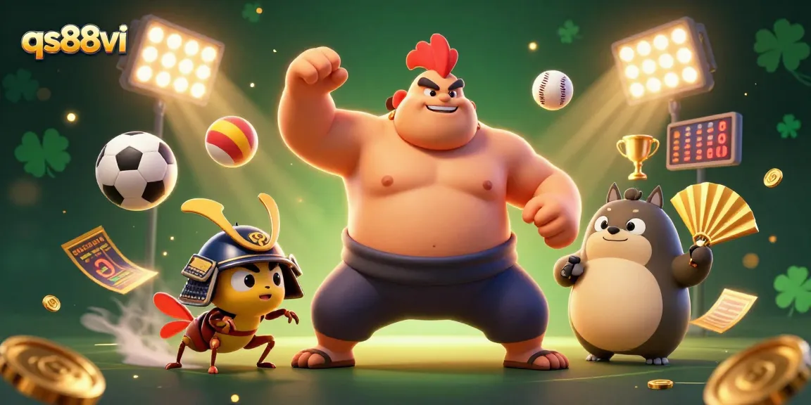 Engage with dynamic betting action at qs88vi, featuring a powerful sumo rooster and sports elements.