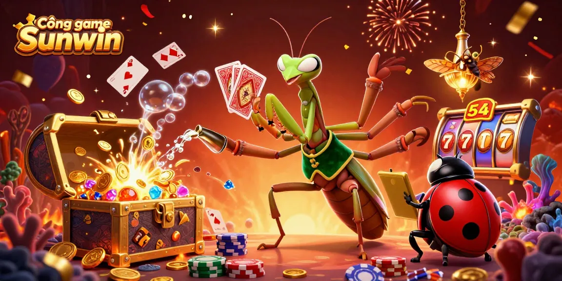 Cổng game Sunwin features a vibrant scene with a praying mantis dealer and ladybug pit boss in a lively casino environment.