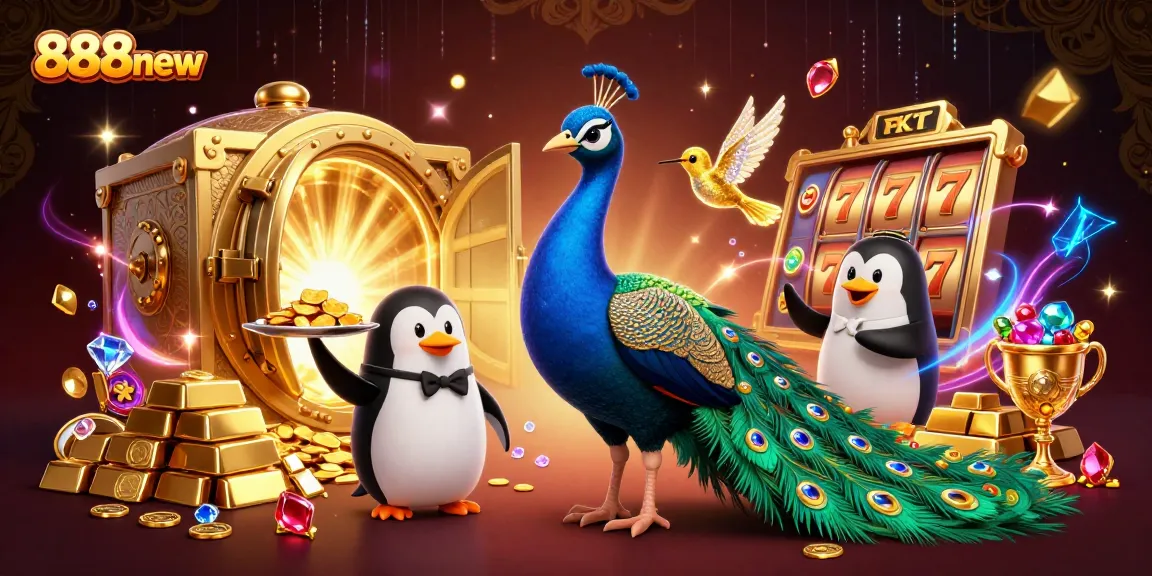 Experience the vibrant world of 888new with a dazzling 3D casino illustration featuring a peacock and gaming riches.