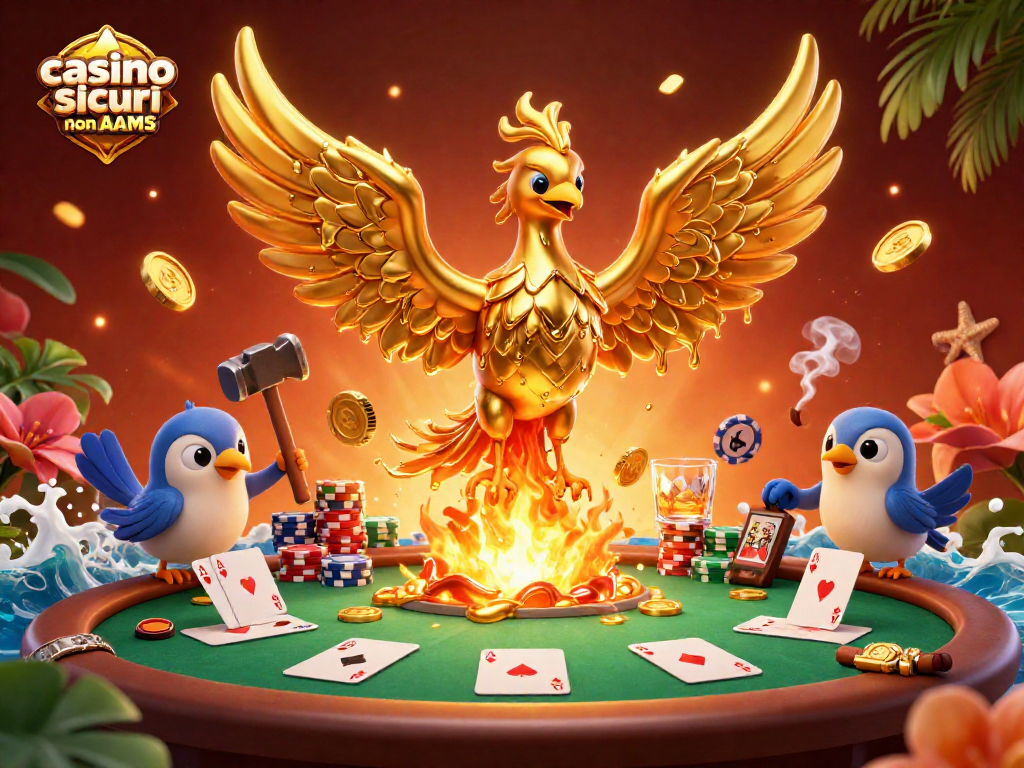 Giocando nei casinò sicuri non AAMS con una fenice dorata che trasforma metallo in monete e atmosfere di poker vibranti.