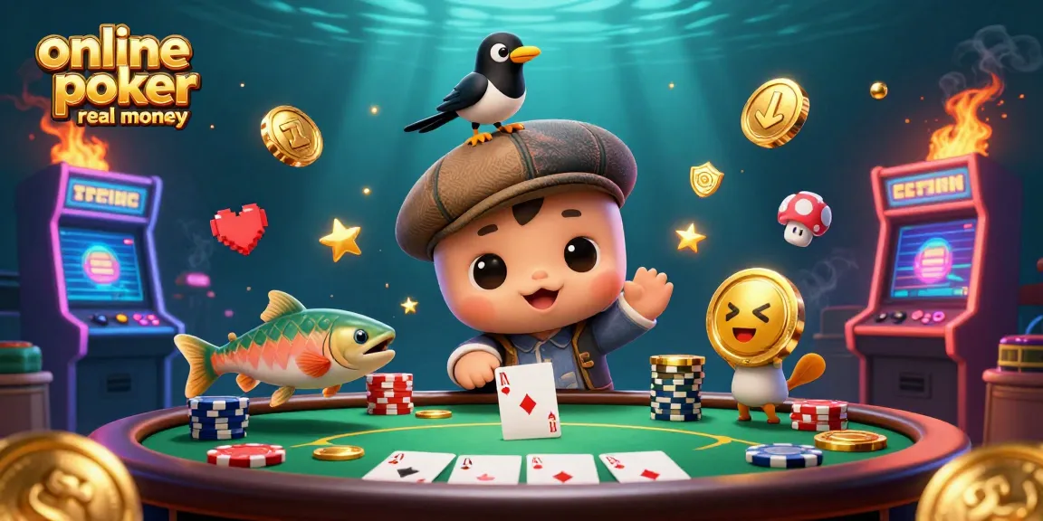 Experience online poker real money with vibrant 3D illustration featuring playful characters and casino elements.