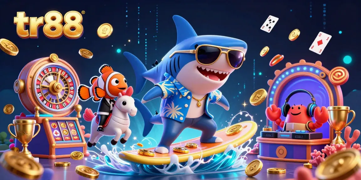 Engage with the vibrant world of tr88, showcasing a shark surfing on gold coins amidst thrilling casino action.