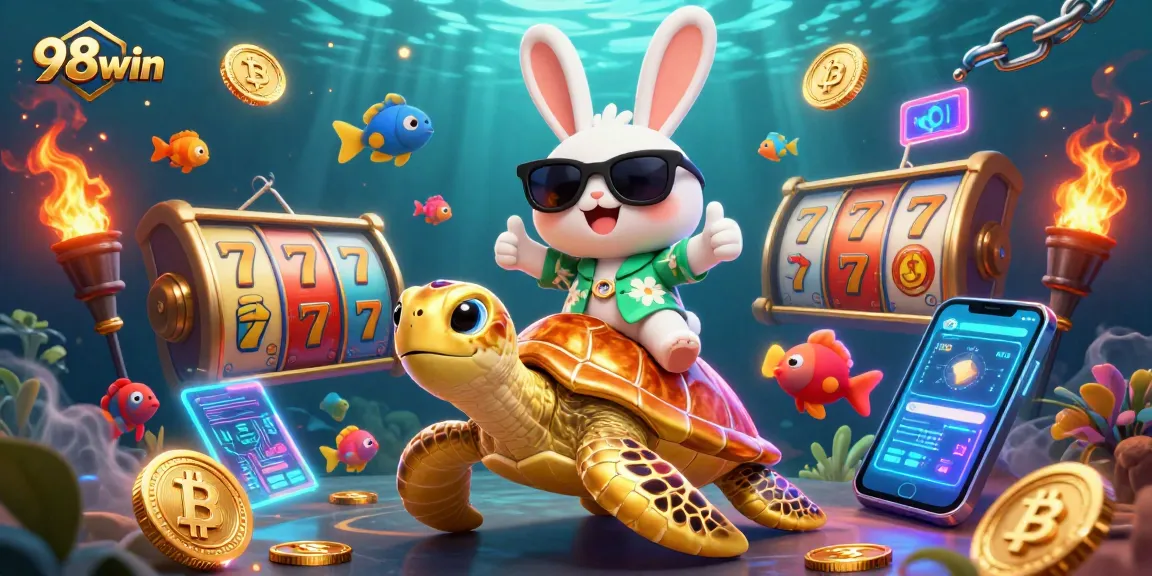 Spin to win with 98win's vibrant casino illustration, featuring a lucky rabbit and golden turtle.