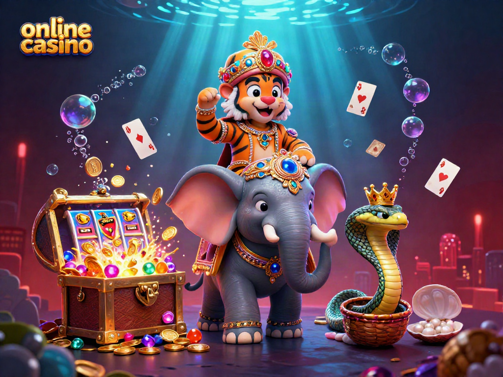 Experience excitement at an online casino with vibrant 3D characters, slot reels, and sparkling treasures.