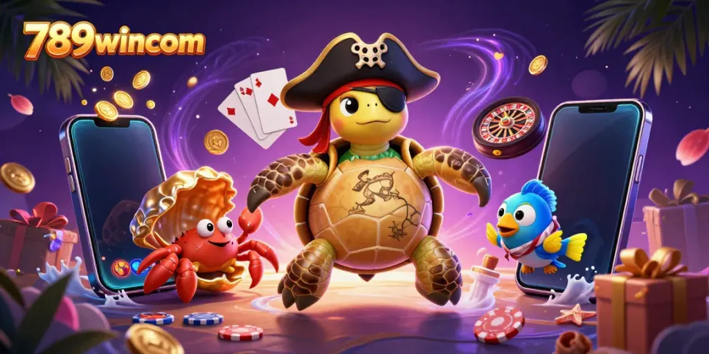Engage with thrilling gameplay at 789wincom featuring cartoon turtle and gaming elements.