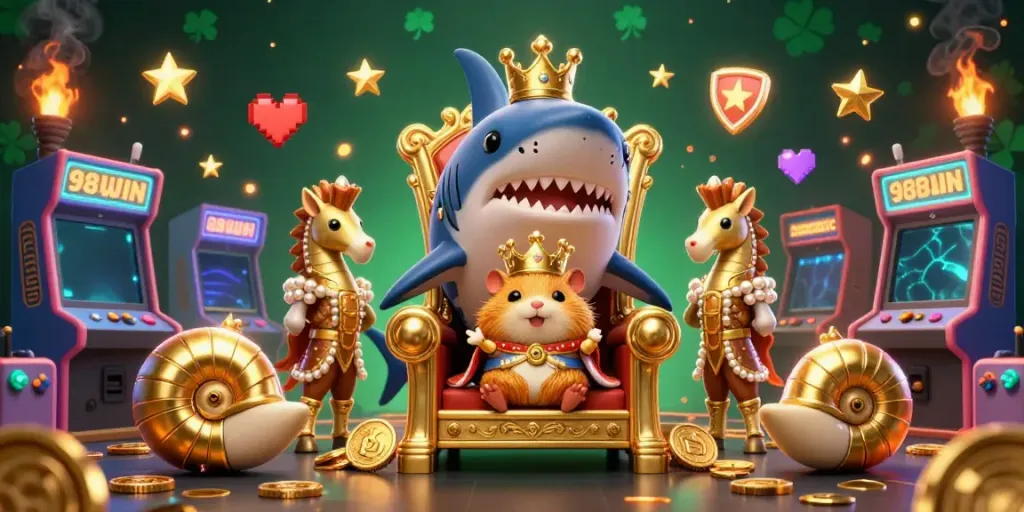 A vibrant scene showcasing a golden hamster king on a megalodon throne, highlighting 98WIN gaming elements.