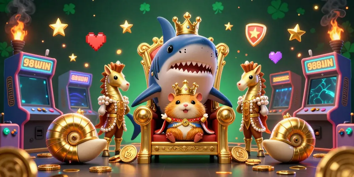 A vibrant scene showcasing a golden hamster king on a megalodon throne, highlighting 98WIN gaming elements.