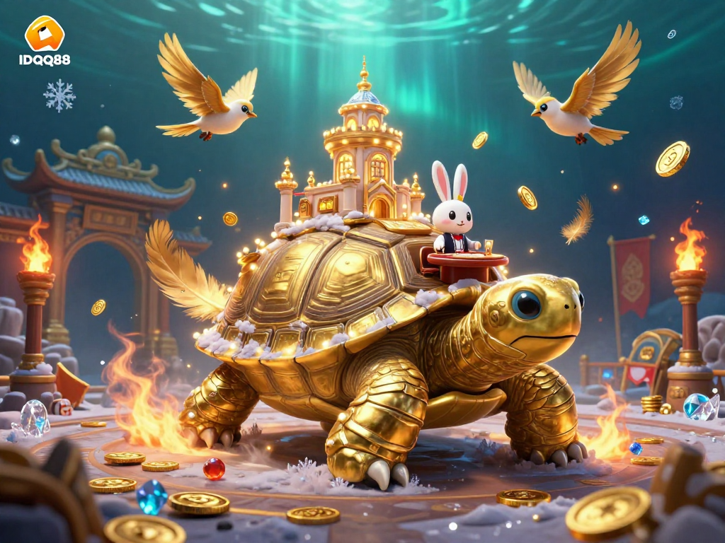 Experience IDQQ88's vibrant casino adventure with golden tortoise and rabbit dealer!