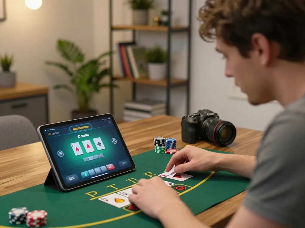 Engaging with 98win online blackjack game in a cozy home office setting.
