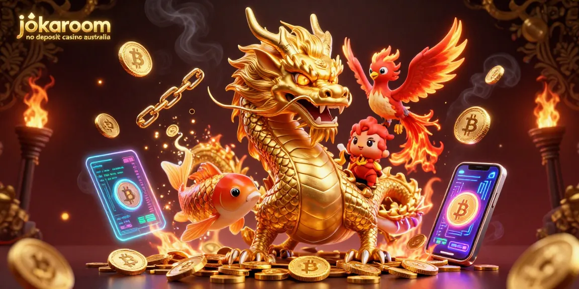 Experience the thrills of jokaroom no deposit casino australia with vibrant 3D illustration featuring a golden dragon and phoenix.
