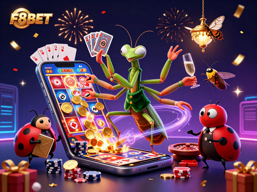 Experience F8BET with vibrant casino games, dynamic characters, and thrilling action in an ultra-detailed scene.