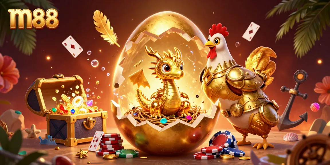 m88 offers thrilling casino experiences with a golden dragon amidst poker chips and vibrant gaming elements