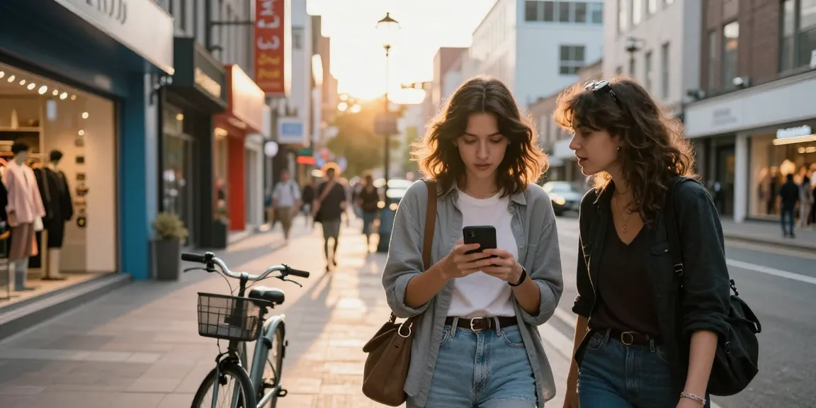 Gái gọi đang sử dụng smartphone trên phố sầm uất, thể hiện phong cách sống hiện đại.