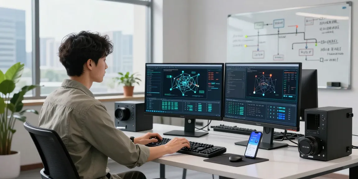 Network specialist optimizing 快连 app on multiple monitors in a modern workspace.