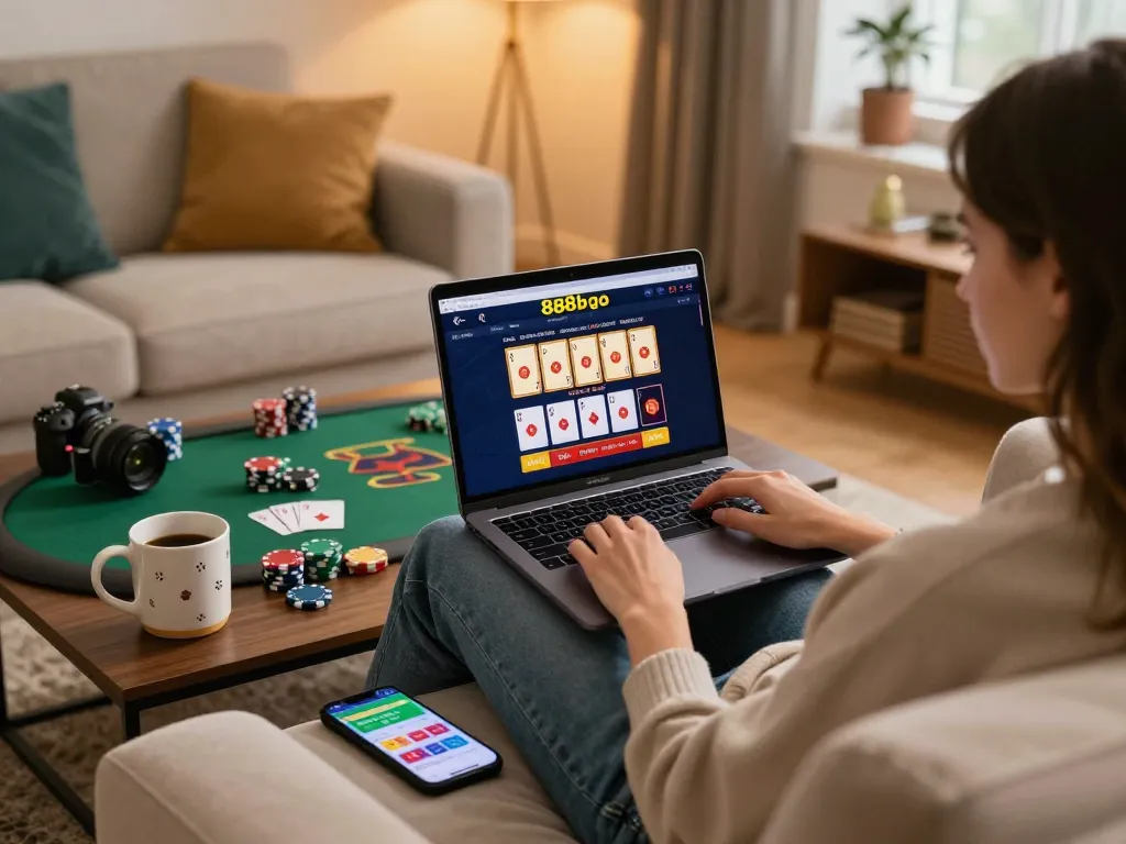 Engaged player utilizing the 888bgo online casino platform from a cozy home setting.