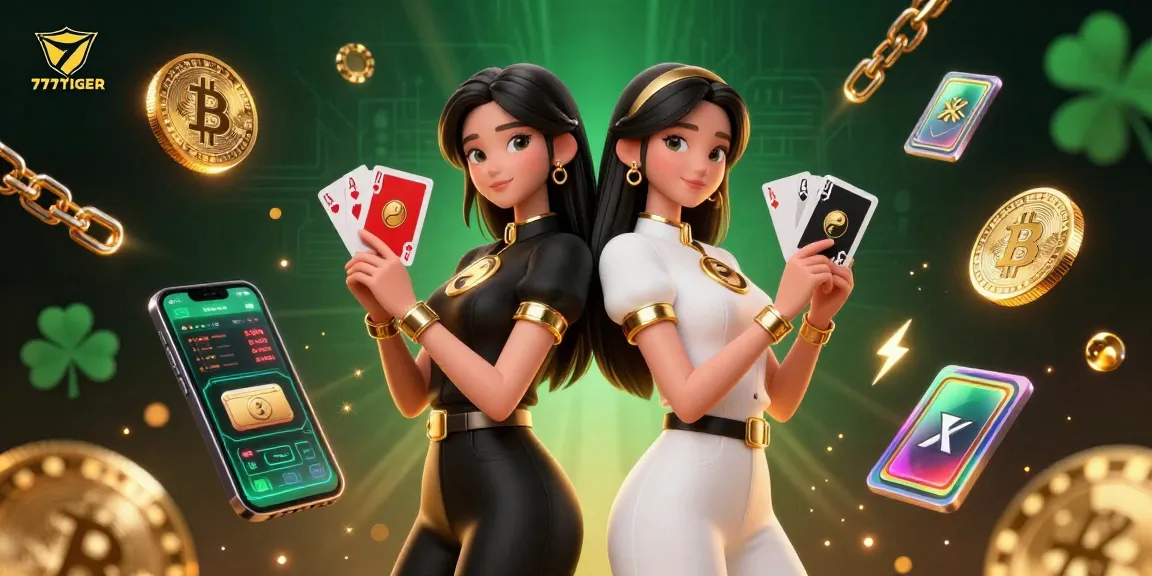 Engage with 777TIGER's vibrant casino scene featuring twin women holding playing cards amidst glowing crypto elements.