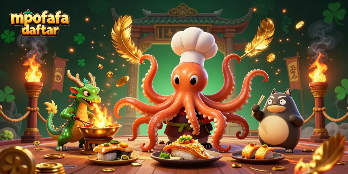 Engage with mpofafa daftar in this vibrant 3D illustration showcasing a sushi chef octopus and dragon in a bustling casino.