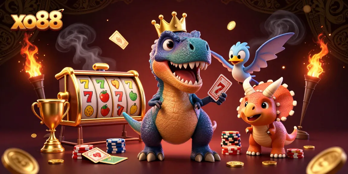 Enjoy exciting wins at xo88 with a charming T-Rex in a casino scene filled with dynamic elements.