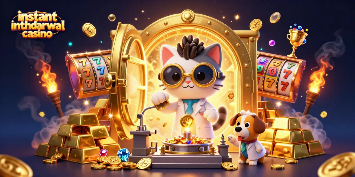 Experience the thrill of an instant withdrawal casino illustrated by a mad scientist cat and lab assistant.