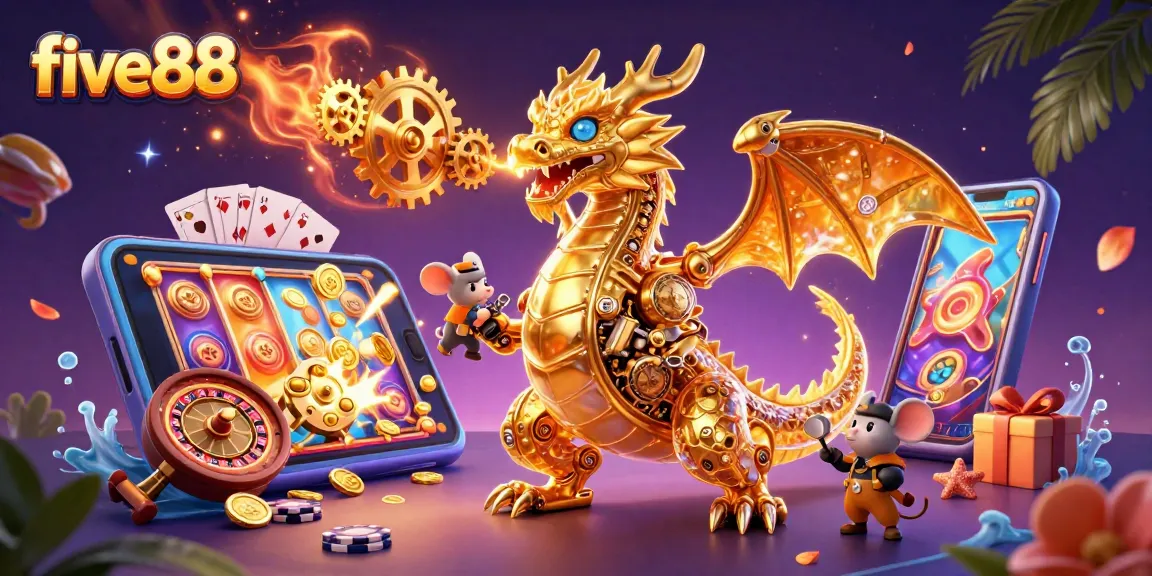 Experience thrilling wins with five88's golden dragon and colorful slot games in a vibrant casino scene.
