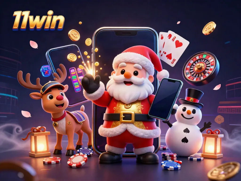 Engage with 11win's vibrant online casino experience featuring Santa, reindeer, and snowman in a festive gaming scene.